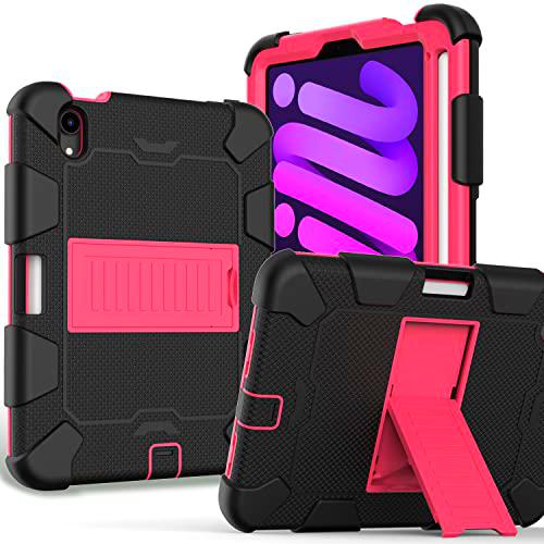 Anewone Funda para iPad Mini6, con Kickstand, Shock a Prueba de Choque Rugoso-Black+Rose