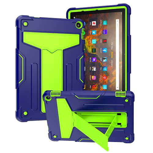 Anewone Funda para Amazon Fire HD 10, Caso de protección Resistente al Defensor de Choque de Cuerpo Completo híbrido con Stand-Navyblue Green