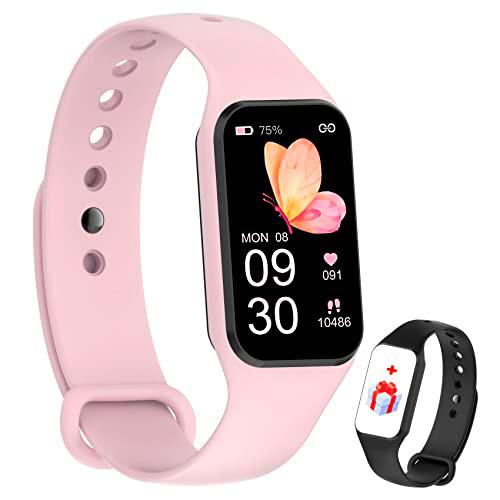 IOWODO Smartwatch Mujer,Reloj Inteligente Mujer con Oxímetro(SpO2) Pulsómetro Sueño Podómetro,Pulsera Actividad con Notificación de Mensajes,Impermeable 5ATM para Android iOS(2 Correas)